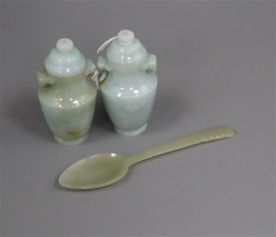 A pair of jade miniature vases and a spoon